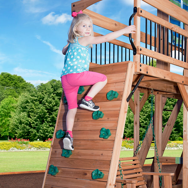 Rock climbing walls, slides, and other features Our wooden swing sets offer a wide range of sizes, features, and styles that will turn any backyard into a playground.