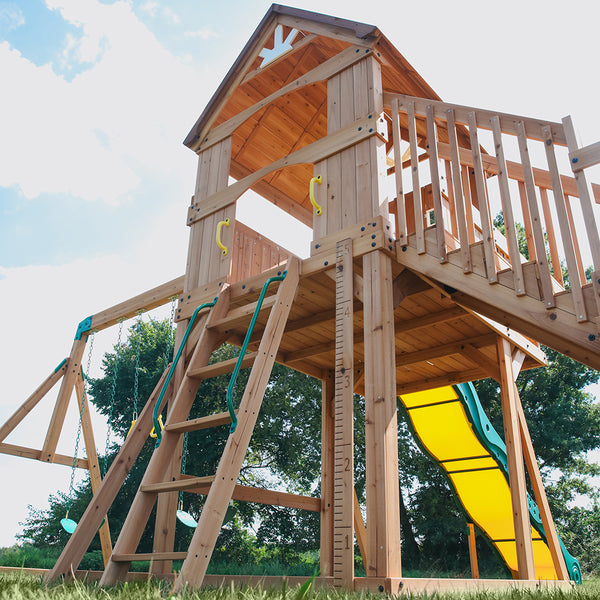 Upper fort, slide, and other features Our wooden swing sets offer a wide range of sizes, features, and styles that will turn any backyard into a playground.