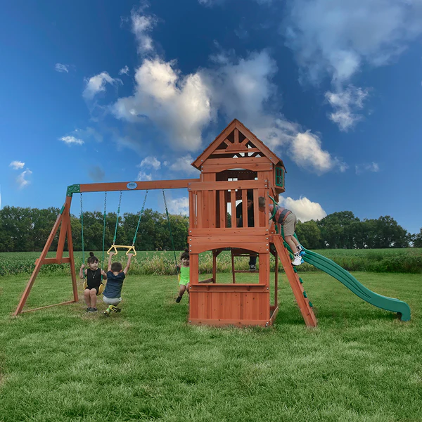 Endless Hours of Fun Double the fun with 2 belt swings and a trapeze so 3 kids can swing at once.
