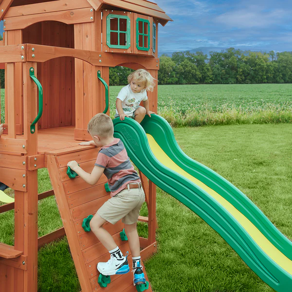 Rock climbing walls, slides, and other features Our wooden swing sets offer a wide range of sizes, features, and styles that will turn any backyard into a playground.