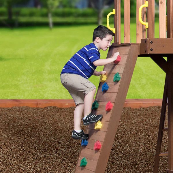 Rock climbing walls, slides, and other features Our wooden swing sets offer a wide range of sizes, features, and styles that will turn any backyard into a playground.