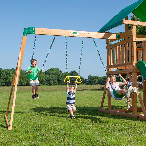 Endless Hours of Fun Double the fun with 2 belt swings and a trapeze so 3 kids can swing at once.