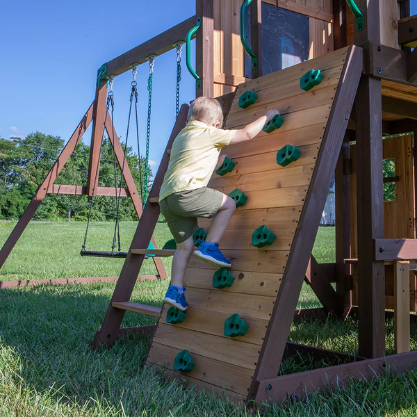 Rock climbing walls, slides, and other features Our wooden swing sets offer a wide range of sizes, features, and styles that will turn any backyard into a playground.