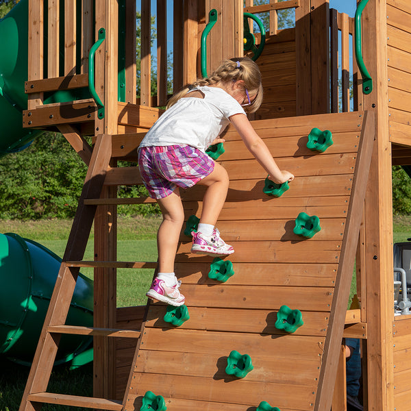 Rock climbing walls, slides, and other features Our wooden swing sets offer a wide range of sizes, features, and styles that will turn any backyard into a playground.