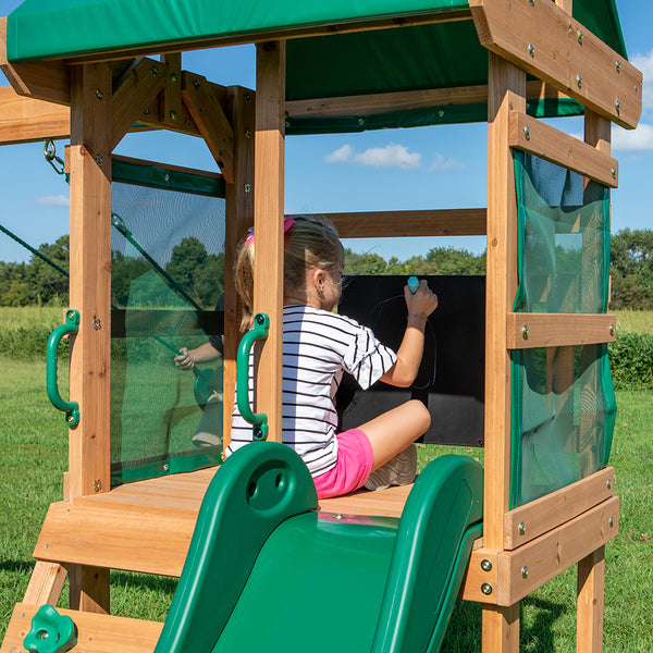 Endless Hours of Fun Provide hours of entertainment with 2 belt swings, an upper fort, and a chalk board.