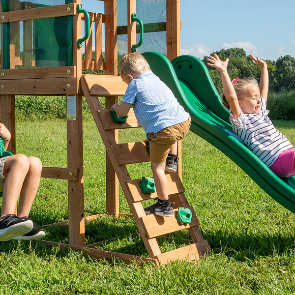 Rock climbing walls, slides, and other features Our wooden swing sets offer a wide range of sizes, features, and styles that will turn any backyard into a playground.