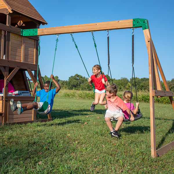 Endless Hours of Fun Provide hours of entertainment with 2 belt swings, a disc web swing, and an upper fort with play features.