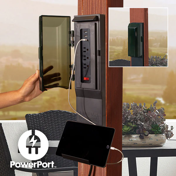 Patented PowerPort™ On select pergolas, enjoy the convenience of multiple power options as you relax under your pergola. Our Patented PowerPort™ includes 3 USB and 3 120V outlets to power all of your electronic needs.