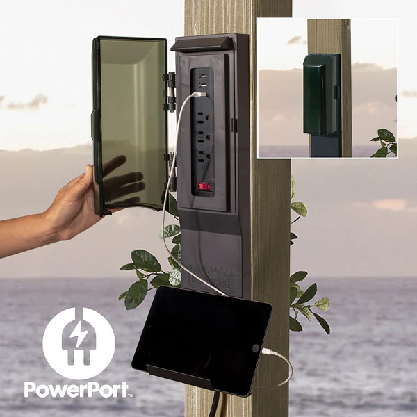 Patented PowerPort™ Enjoy the convenience of having multiple power options as you relax under your pergola. Our Patented PowerPort™ includes 3 USB and 3 120V outlets to power all of your electronic needs.