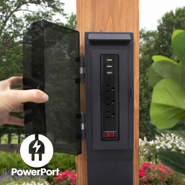 Patented PowerPort™ Enjoy the convenience of having multiple power options as you relax under your pergola. Our Patented PowerPort™ includes 3 USB and 3 120V outlets to power all of your electronic needs.