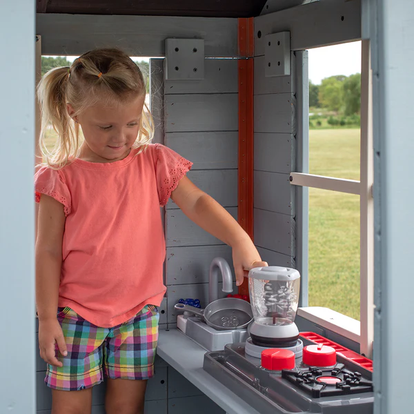 Battery Powered Appliances Spark creativity in a tiny baker's haven complete with a powered blender, working bell and hinged door.