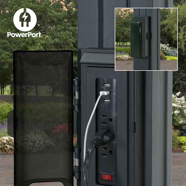 Patented PowerPort™ Enjoy the convenience of having multiple power options as you relax under your pergola. Our Patented PowerPort™ includes 3 USB and 3 120V outlets to power all of your electronic needs.