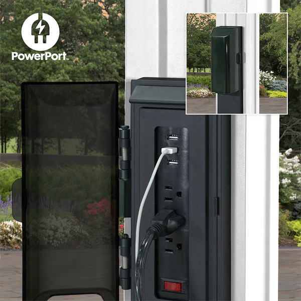Patented PowerPort™ Enjoy the convenience of having multiple power options as you relax under your pergola. Our Patented PowerPort™ includes 3 USB and 3 120V outlets to power all of your electronic needs.
