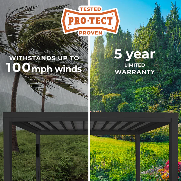 PRO-TECT™ Tested & Proven Our metal pergolas are engineered with heavy duty 100% galvanized & powder coated steel, making them capable of withstanding winds up to 100 mph, when anchored as directed.