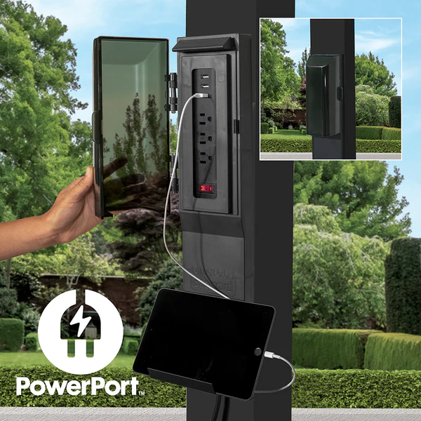 Patented PowerPort™ Enjoy the convenience of having multiple power options as you relax under your pergola. Our Patented PowerPort™ includes 3 USB and 3 120V outlets to power all of your electronic needs.