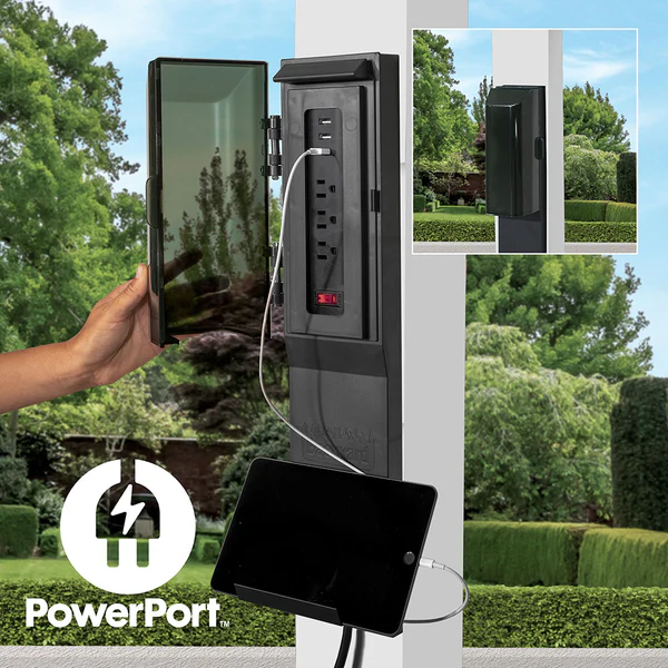 Patented PowerPort™ Enjoy the convenience of having multiple power options as you relax under your pergola. Our Patented PowerPort™ includes 3 USB and 3 120V outlets to power all of your electronic needs.