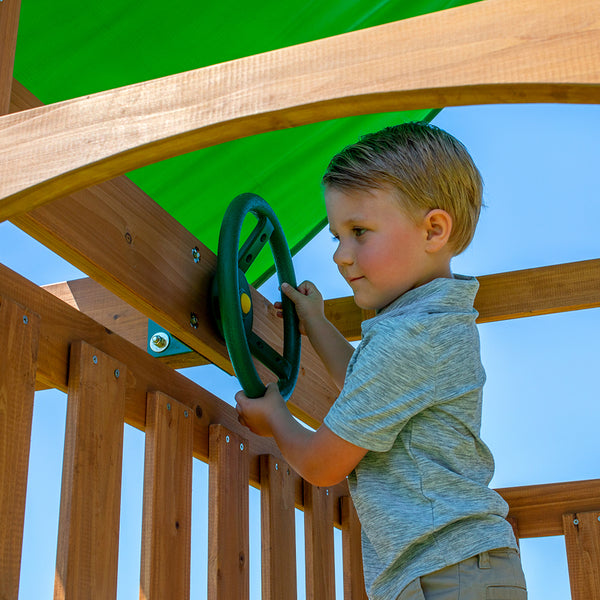 Our wooden swing sets offer a wide range of sizes, features, and styles that will turn any backyard into a playground.