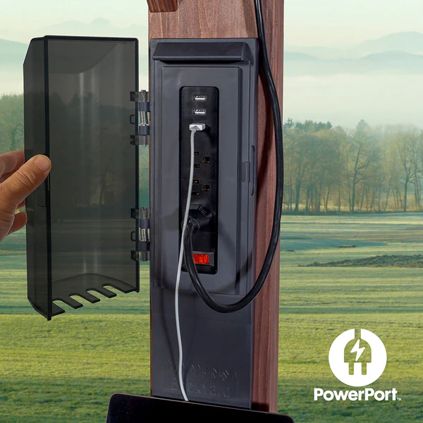 Patented PowerPort™ Enjoy the convenience of having multiple power options as you relax under your pergola. Our Patented PowerPort™ includes 3 USB and 3 120V outlets to power all of your electronic needs.