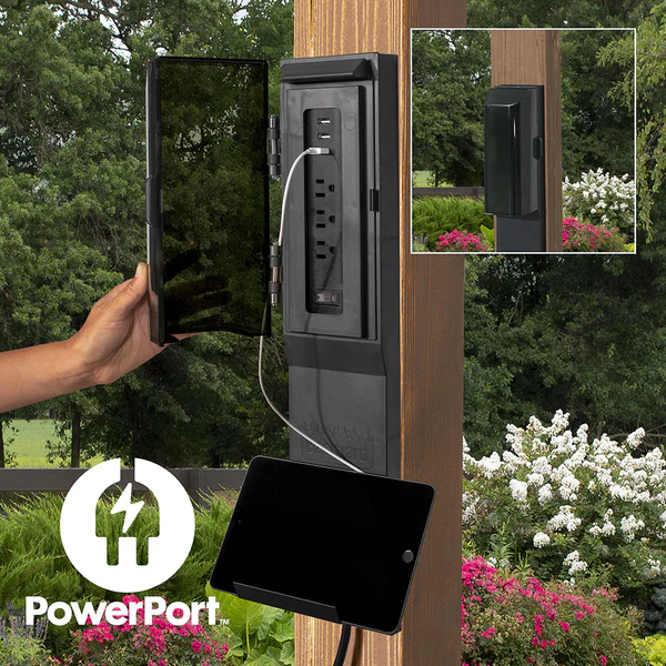 Patented PowerPort™ Enjoy the convenience of having multiple power options as you relax under your gazebo. Our Patented PowerPort™ includes 3 USB and 3 120V outlets to power all of your electronic needs.