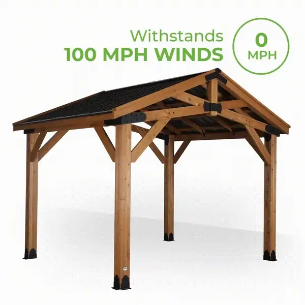 Wind-Resistant Our gazebos are tested to withstand wind up to 100 mph when anchored as directed. That means you can trust your gazebo will be safe and secure in hurricane-force winds.