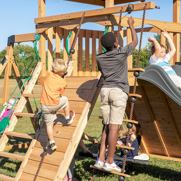 Rock climbing walls, slides, and other features Our wooden swing sets offer a wide range of sizes, features, and styles that will turn any backyard into a playground.
