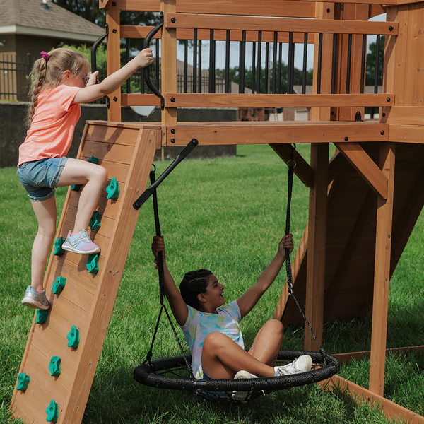 Endless Hours of Fun Double the fun with 2 belt swings, a trapeze so 3 kids can swing at once, and a 40" disc web swing.