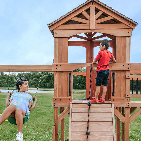 Rope climbing wall, slides, and other features Our wooden swing sets offer a wide range of sizes, features, and styles that will turn any backyard into a playground.