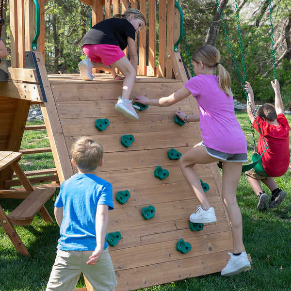 Rock climbing walls, slides, and other features Our wooden swing sets offer a wide range of sizes, features, and styles that will turn any backyard into a playground.