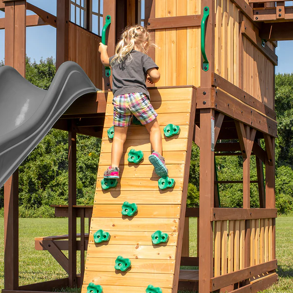 Rock climbing walls, slides, and other features Our wooden swing sets offer a wide range of sizes, features, and styles that will turn any backyard into a playground.
