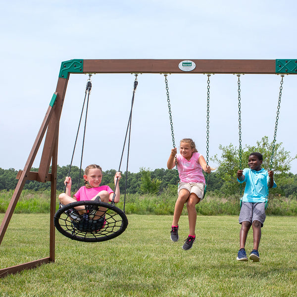 Swings, slides, and other features Our wooden swing sets offer a wide range of sizes, features, and styles that will turn any backyard into a playground.