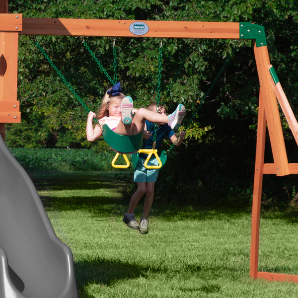 Experts in Outdoor Swing Sets Double the fun with 2 belt swings and a trapeze so 3 kids can swing at once.