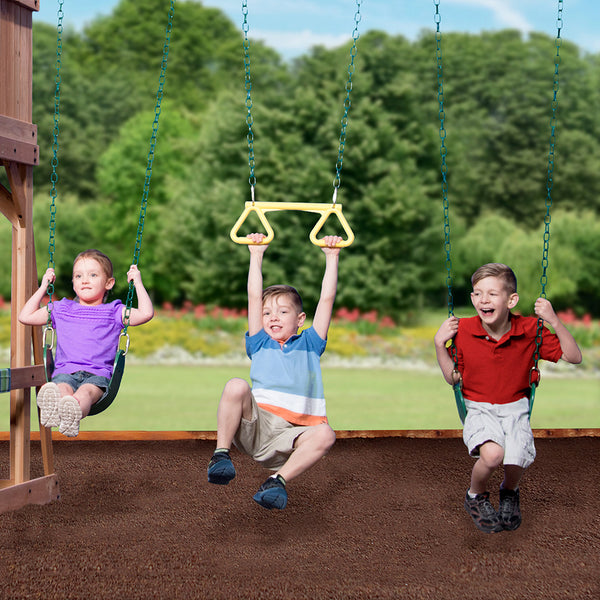 Endless Hours of Fun Double the fun with 2 belt swings and a trapeze so 3 kids can swing at once.
