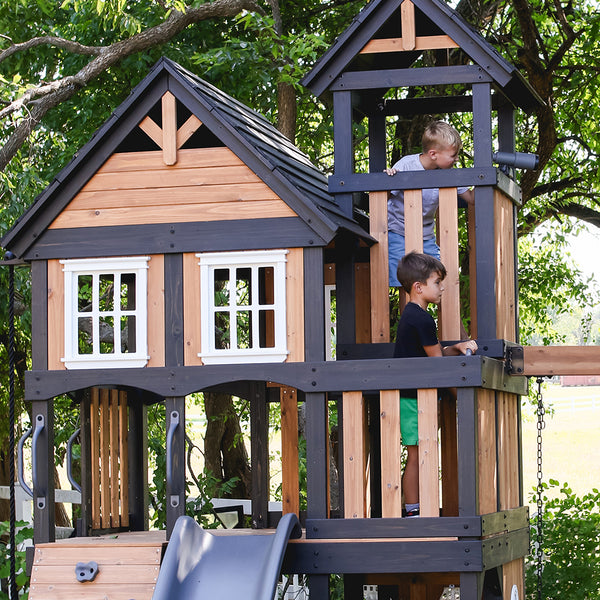 Cook up Creativity Provide hours of entertainment with a full playhouse below — complete with a grill, plastic food, and a four-person picnic area.