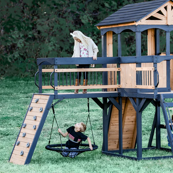 Endless Hours of Fun Double the fun with 2 belt swings, a trapeze, and a 40' disc web swing.