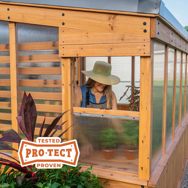 Rooted in Durability PRO-TECT™ Tested & Proven to withstand up to 5,700 lbs and 100 MPH winds, 10mm polycarbonate panels, and naturally rot-resistant cedar, they’re made to last.