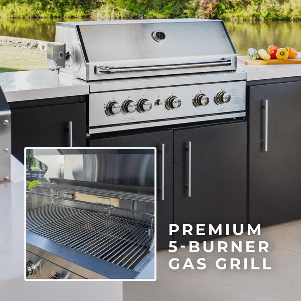 Gourmet Grilling Perfected At the heart of your luxury outdoor kitchen, the premium 304 stainless steel grill is equipped with five burners, durable cooking grates, a convenient warming rack, and advanced even-heat dispersion technology, ensuring every meal is grilled with delicious flavor.