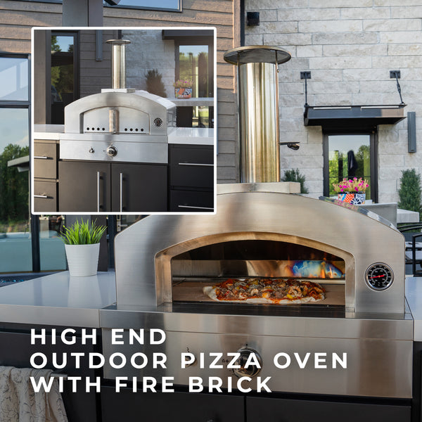 Artisan Pizza Oven Savor authentic restaurant-quality pizzas right at home. This high-end pizza oven, crafted from top-grade 304 stainless steel, features dual fuel functionality for both propane and natural gas, while the fire brick hearth delivers perfectly cooked pizzas every time.