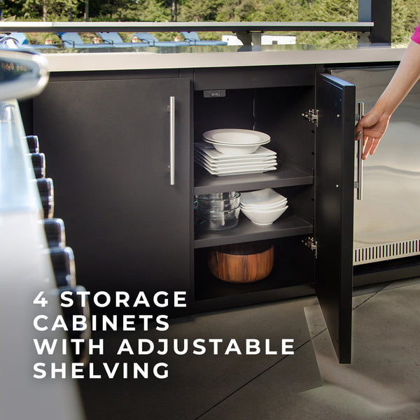 Elevated Kitchen Storage Constructed from corrosion-resistant galvanized steel, this storage system includes four spacious cabinets and five drawers, offering generous space for all your kitchen supplies. Designed to last, the soft-close hinges and drawer slides add a high-end feel and smooth functionality to your alfresco kitchen design.