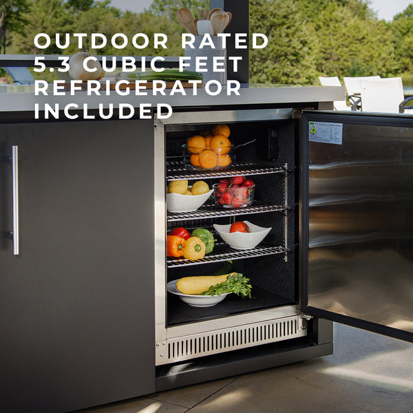 Premium Built-In Refrigeration Keep your beverages and ingredients perfectly chilled with the outdoor-rated refrigerator. Crafted from brilliant 304 stainless steel and engineered to perform in temperatures over 100 degrees, this luxury fridge features LED interior lighting and ample space for all your cooking essentials.