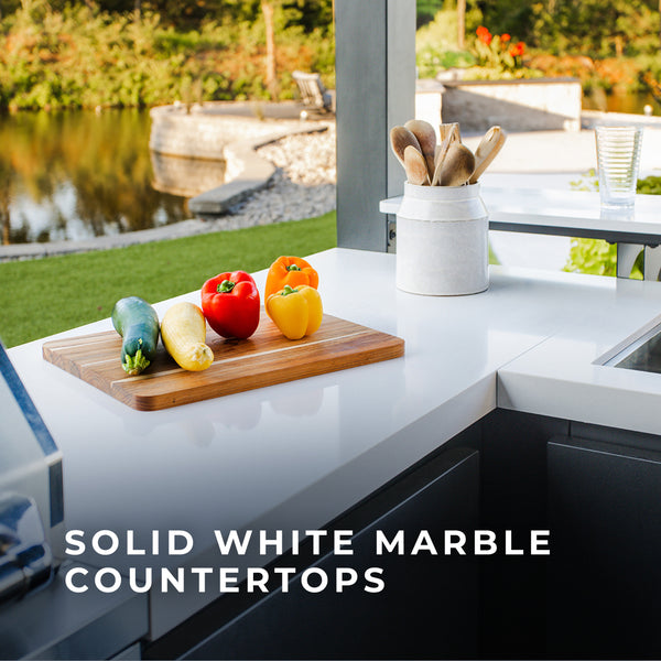 Timeless Marble Countertops Refined solid white marble countertops infuse your outdoor kitchen with a luxurious and sophisticated aesthetic, adding classic yet modern style. Fine craftsmanship provides enduring performance that’s ideal for everyday use and entertaining.