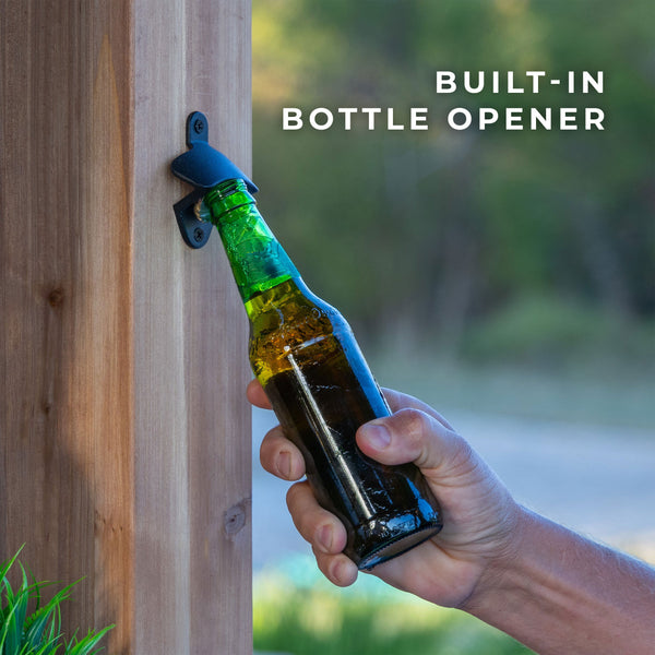 Integrated Bar Accessories Combining convenience and comfort, the Palisade features a built-in bottle opener, a steel footrest, and a privacy wall featuring brackets to mount your TV, creating the perfect spot for watching sports and entertaining.
