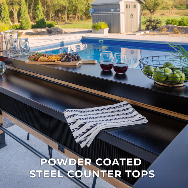 Heavy-Duty Steel Countertops Two galvanized steel bar tops offer generous space for mixing drinks, serving food, and adding comfortable seating, while the powder-coated finish ensures rust and corrosion resistance.