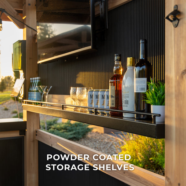 Spacious Steel Shelving Designed to keep bar essentials organized and accessible, the powder-coated galvanized steel shelves ensure that glassware, bottles, and mixing supplies are within easy reach.