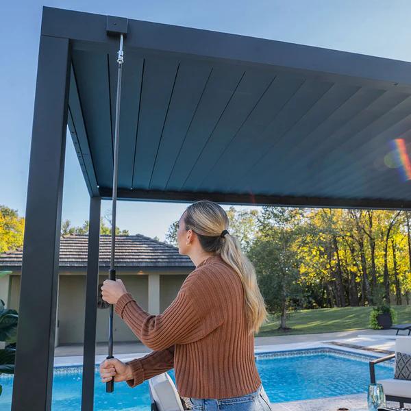 Solid Engineering Integrated soft sail shade canopy. This UV-protected, breathable woven fabric allows air and water to flow through freely.