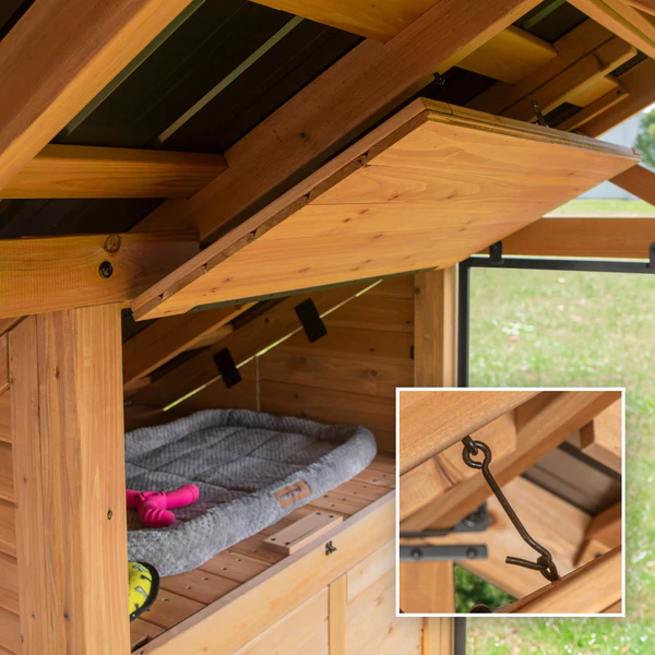 Storage for Pet Essentials This cozy dog kennel features a convenient storage compartment with a secure latch to easily store toys, bedding, treats, and supplies right where you need them.
