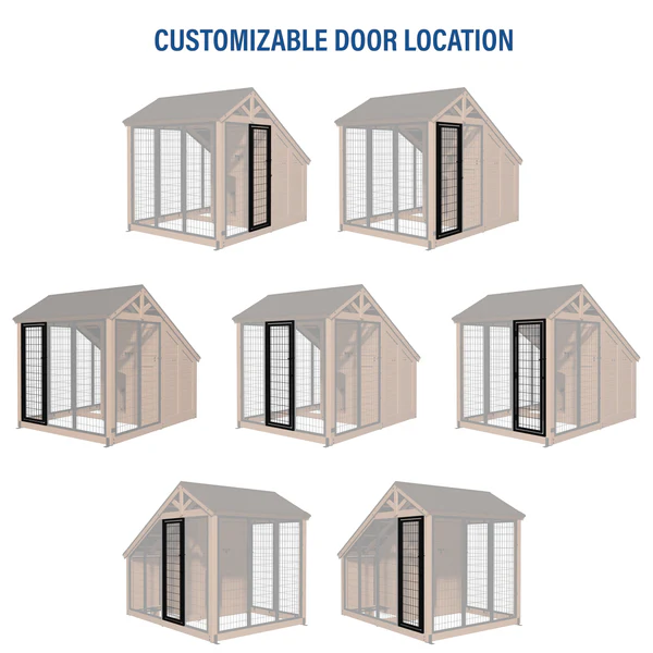 Versatile Entry Door Placement Choose from seven different positions to install the kennel door, ensuring a perfect fit for your outdoor area. Whether it's your patio, deck, or yard, the customizable design seamlessly accommodates your unique space.