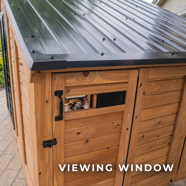 Pet-Peek Window Keep an eye on your pets with the built-in viewing window. Located on the doghouse's back door, this feature allows you to easily check on your pet for added peace of mind.