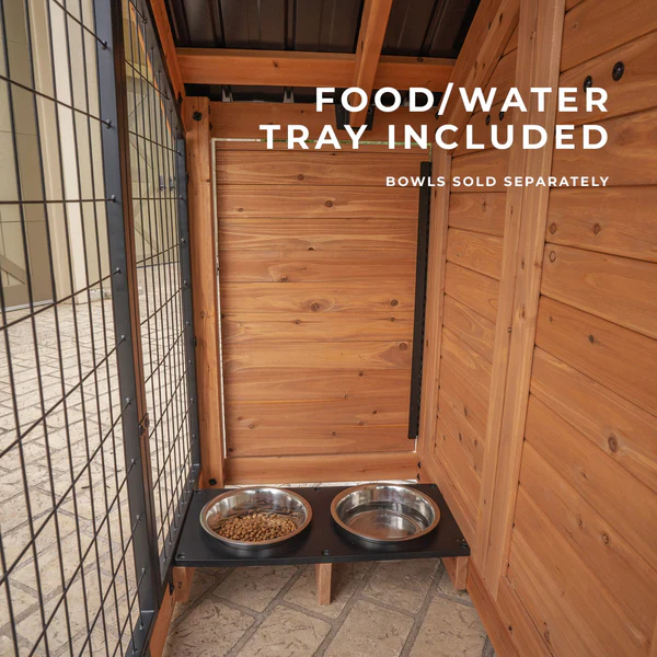 Convenient Food & Water Tray Tucked away yet easily accessible, the included tray fits two 9-inch bowls ensuring your furry friends have a dedicated space for food and water.