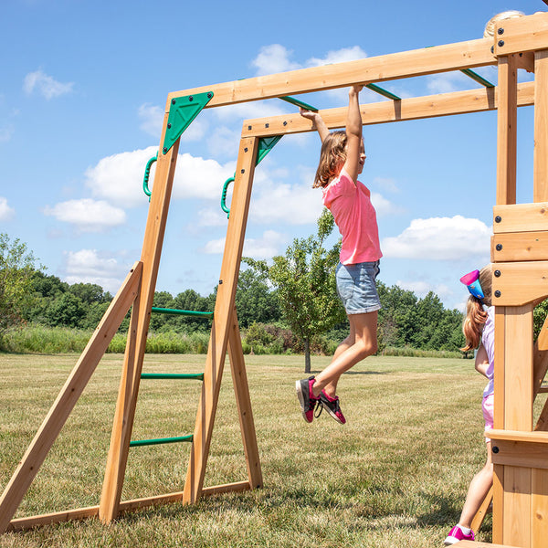 Rock climbing walls, slides, and other features Our wooden swing sets offer a wide range of sizes, features, and styles that will turn any backyard into a playground.