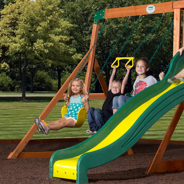 Endless Hours of Fun Double the fun with 2 belt swings and a trapeze so 3 kids can swing at once.